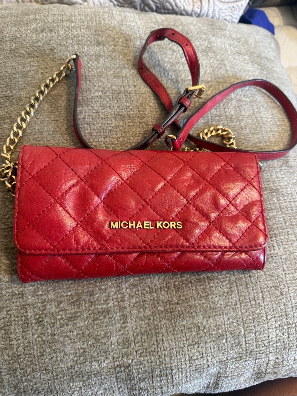 Michael Kors Red Quilted Leather Crossbody Wallet with Gold Chain